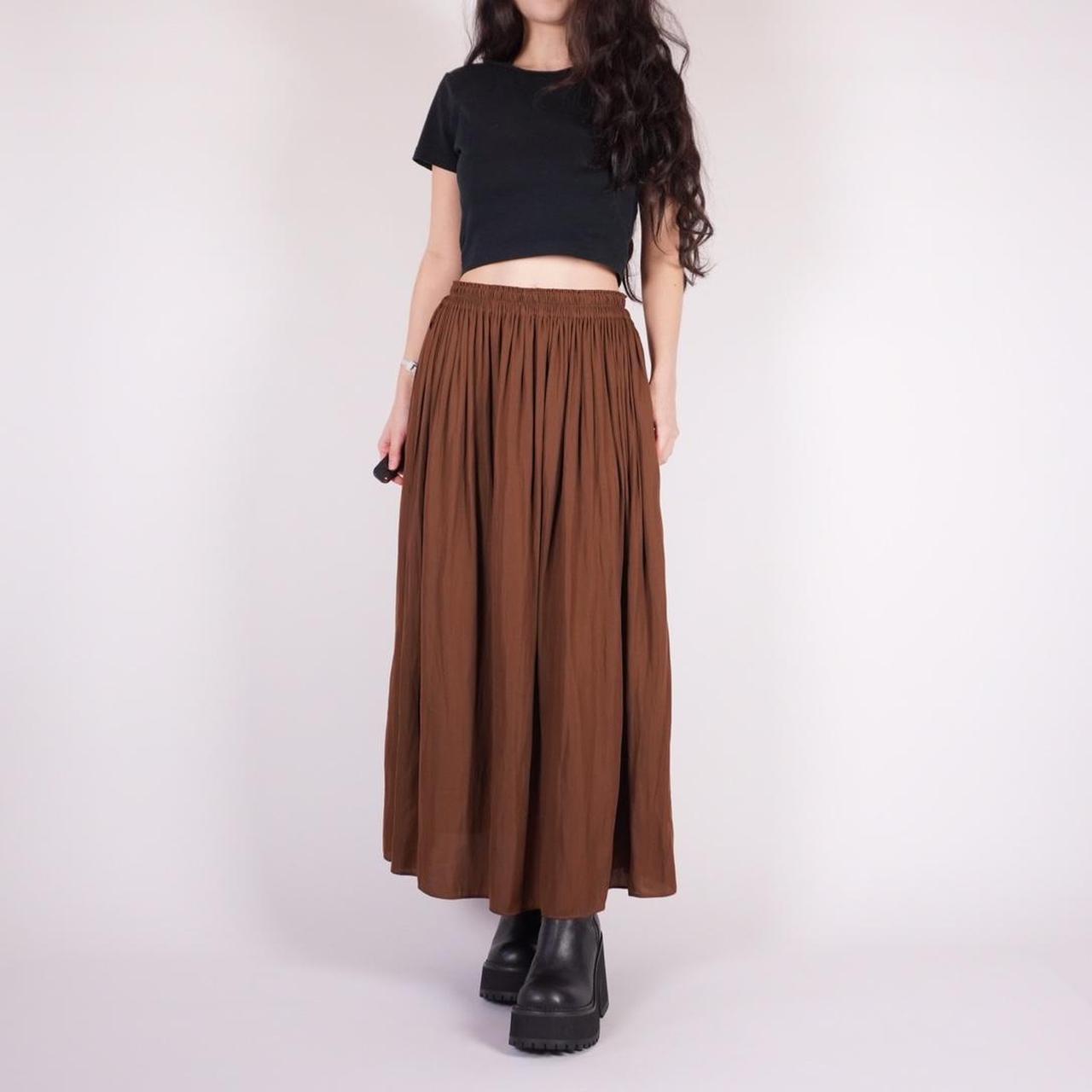 brown flowy maxi skirt w/ stretch waist Brand:... - Depop