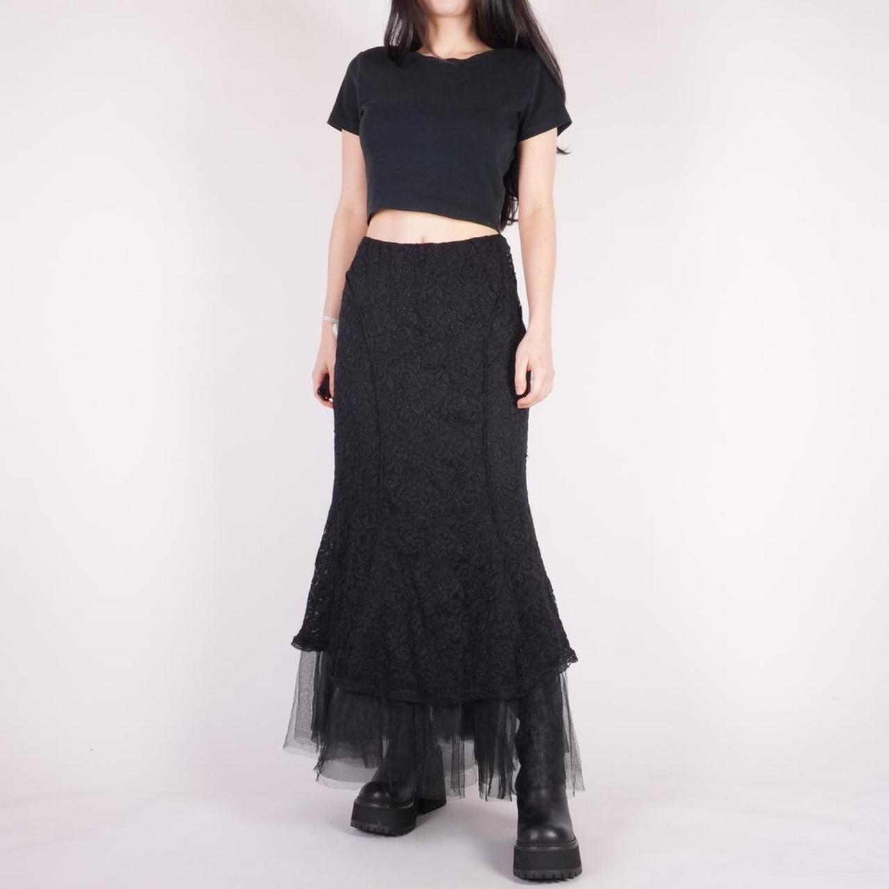 90s black lace goth maxi skirt w/ stretch... - Depop