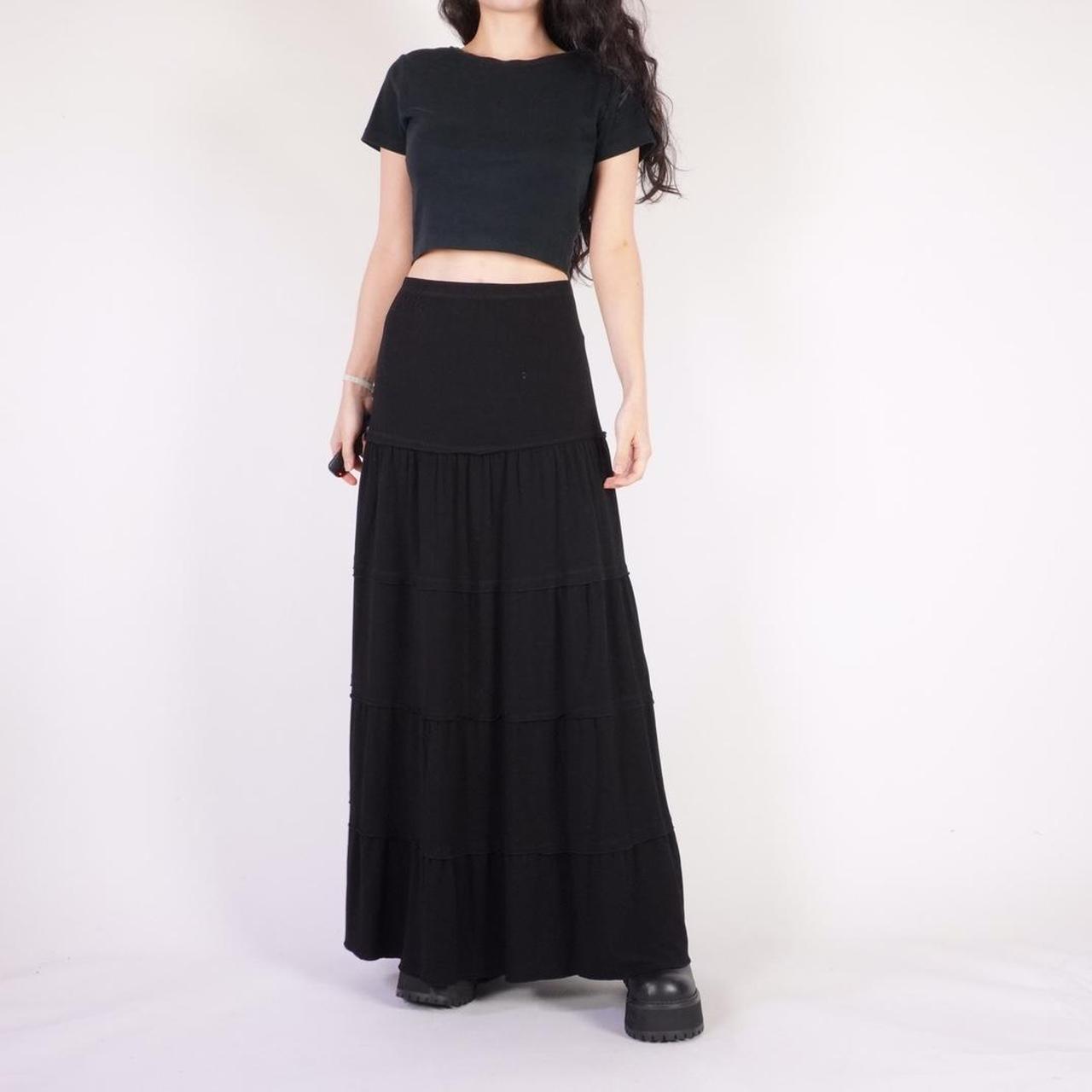 90s black tiered maxi skirt w/ stretch waist Brand:... - Depop