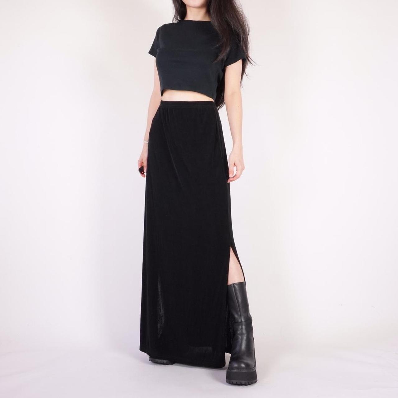 90s slinky black maxi skirt w/ stretch waist Brand:... - Depop