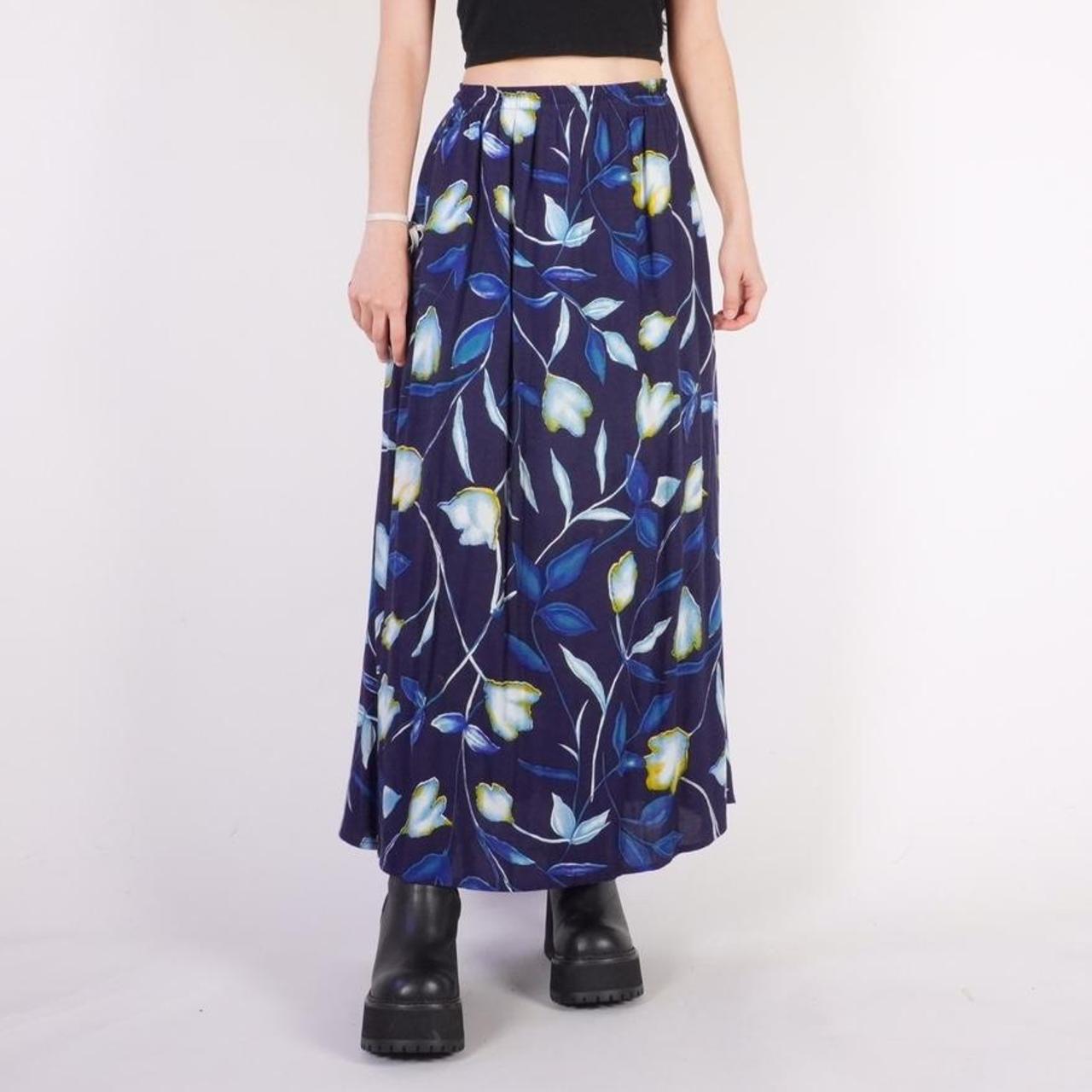 90s blue floral maxi skirt w/ stretch waist Brand... Depop