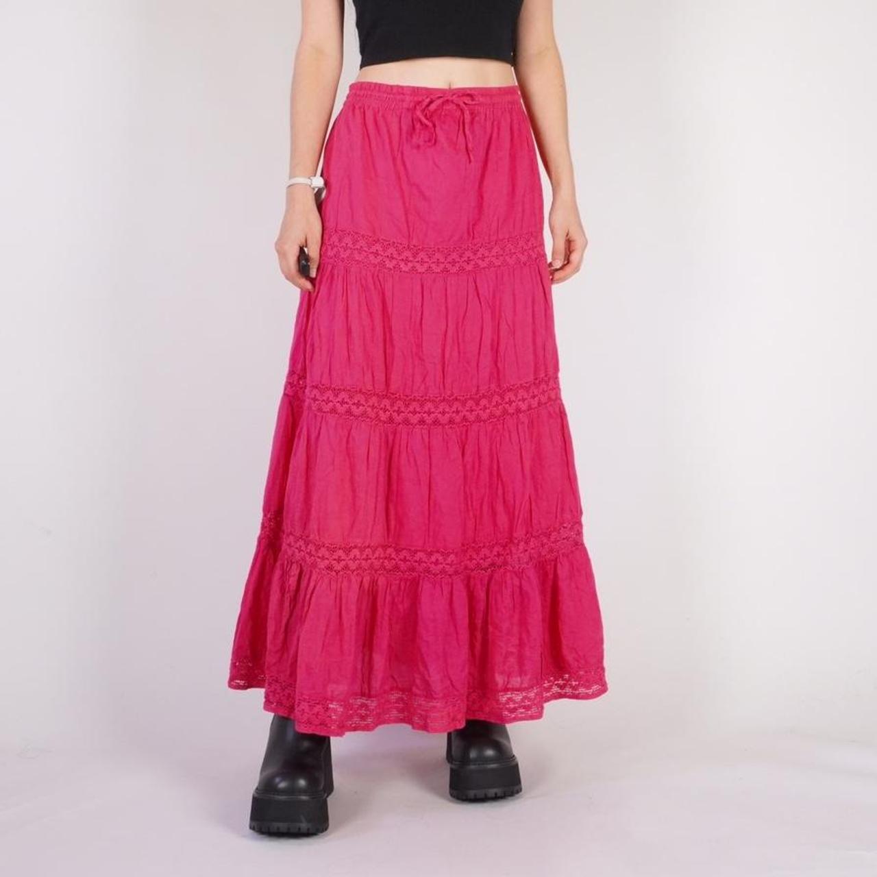 90s pink tiered maxi skirt w/ stretch waist Brand:... - Depop