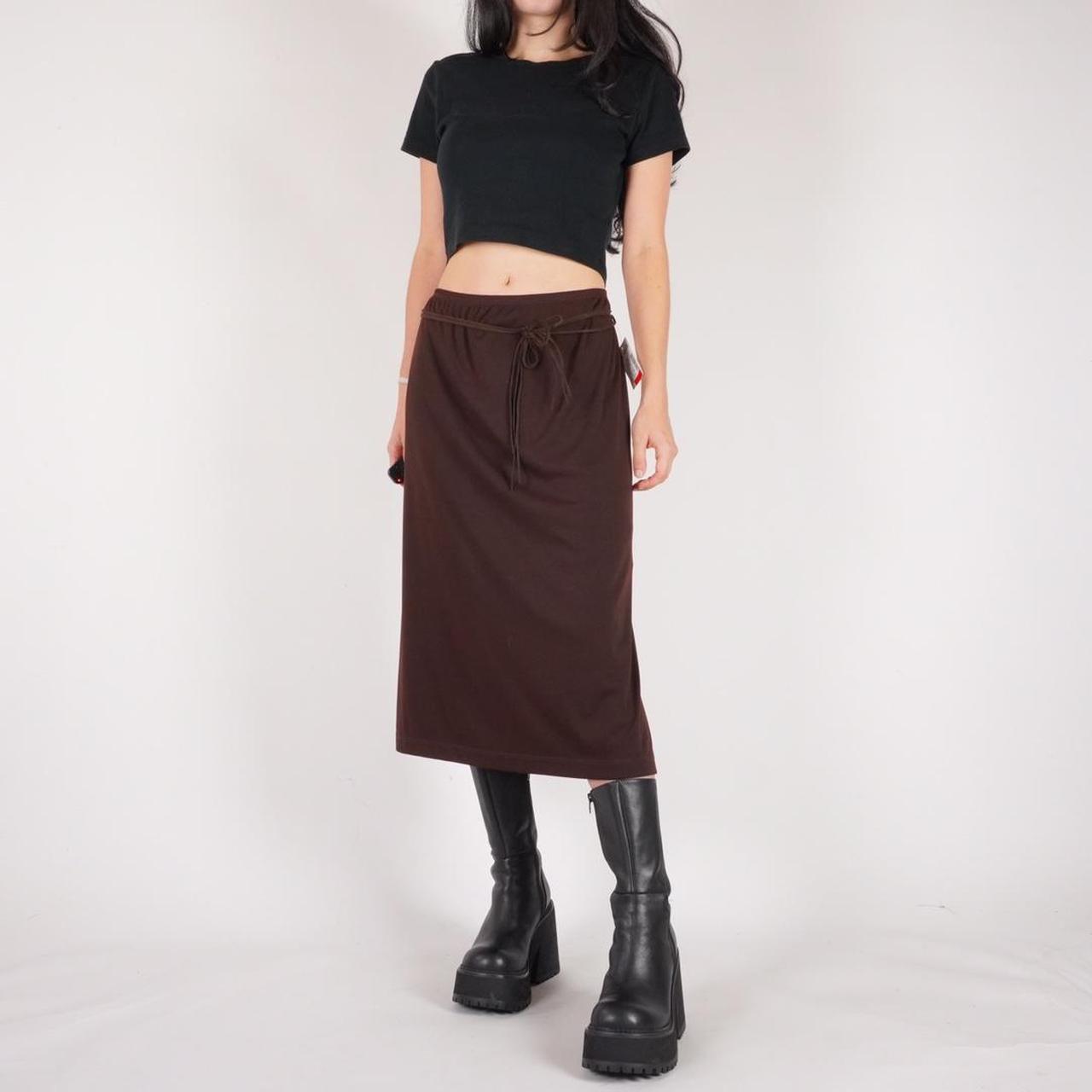 90s brown midi skirt w/ stretch waist Brand: fashion... - Depop