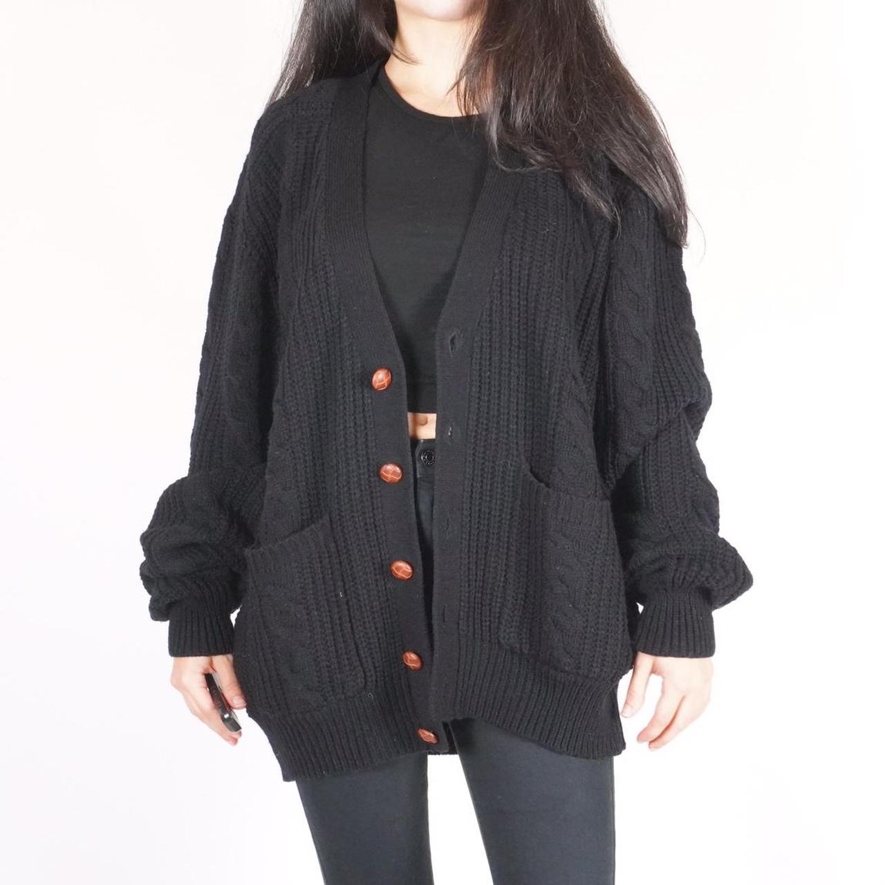 90s black knit grandpa cardigan sweater Brand:... - Depop