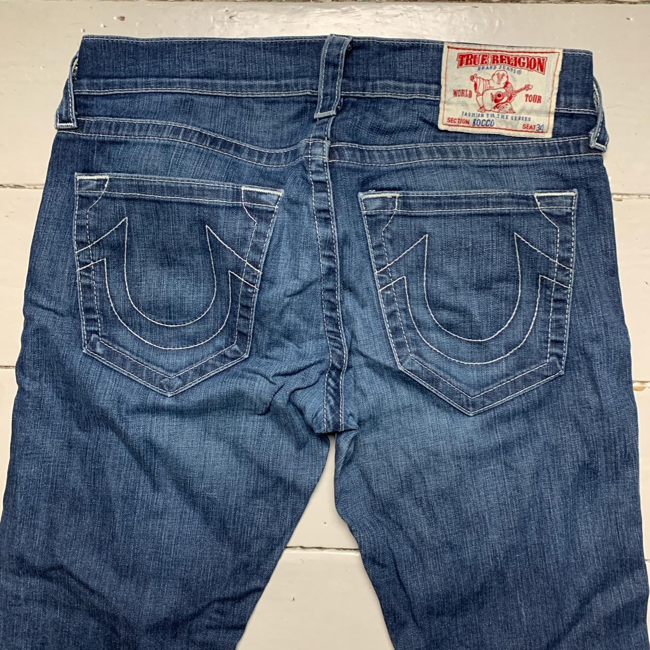 True Religion Rocco Jeans Navy and White Contrast... - Depop