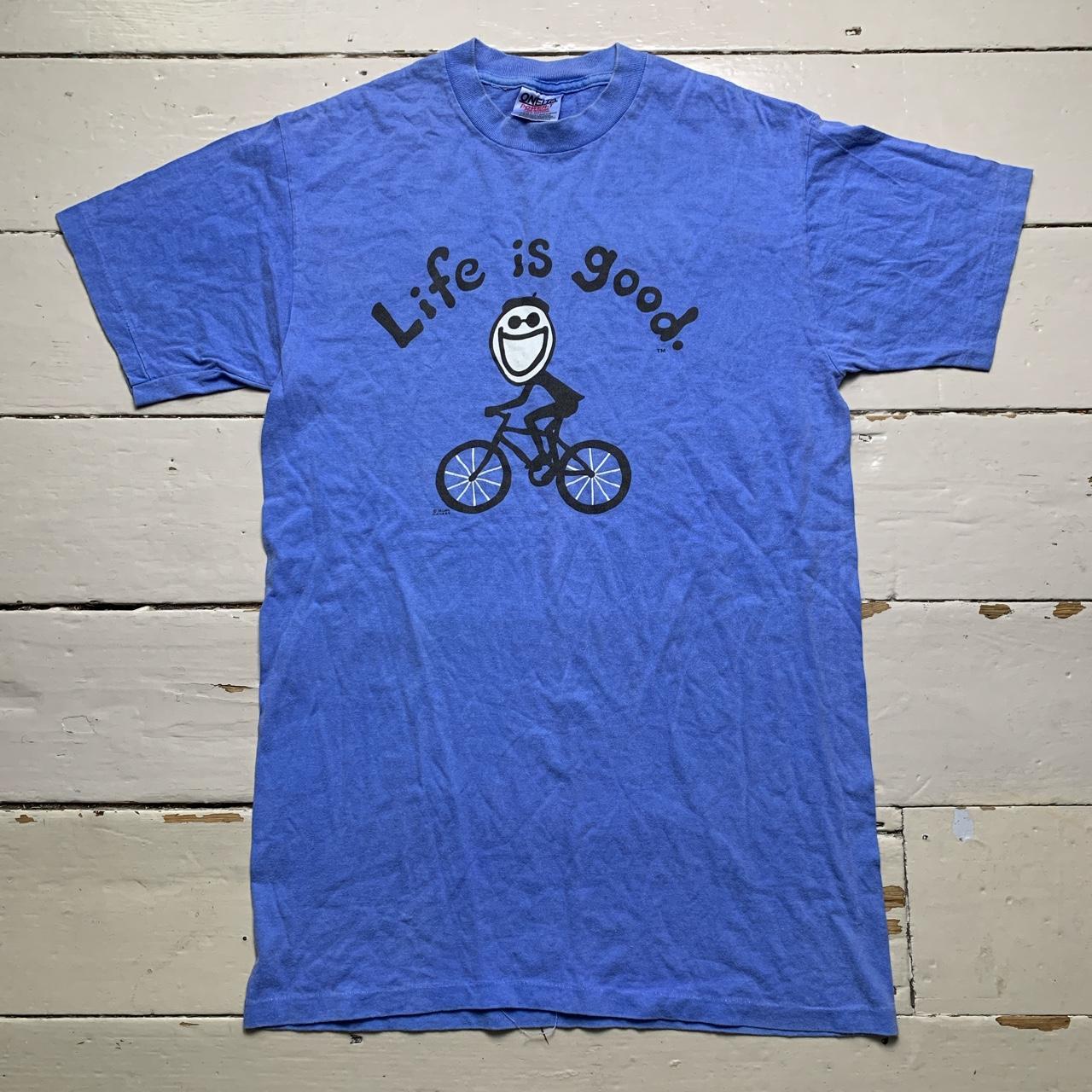 Life is Good Men's Blue and White Tshirt Depop
