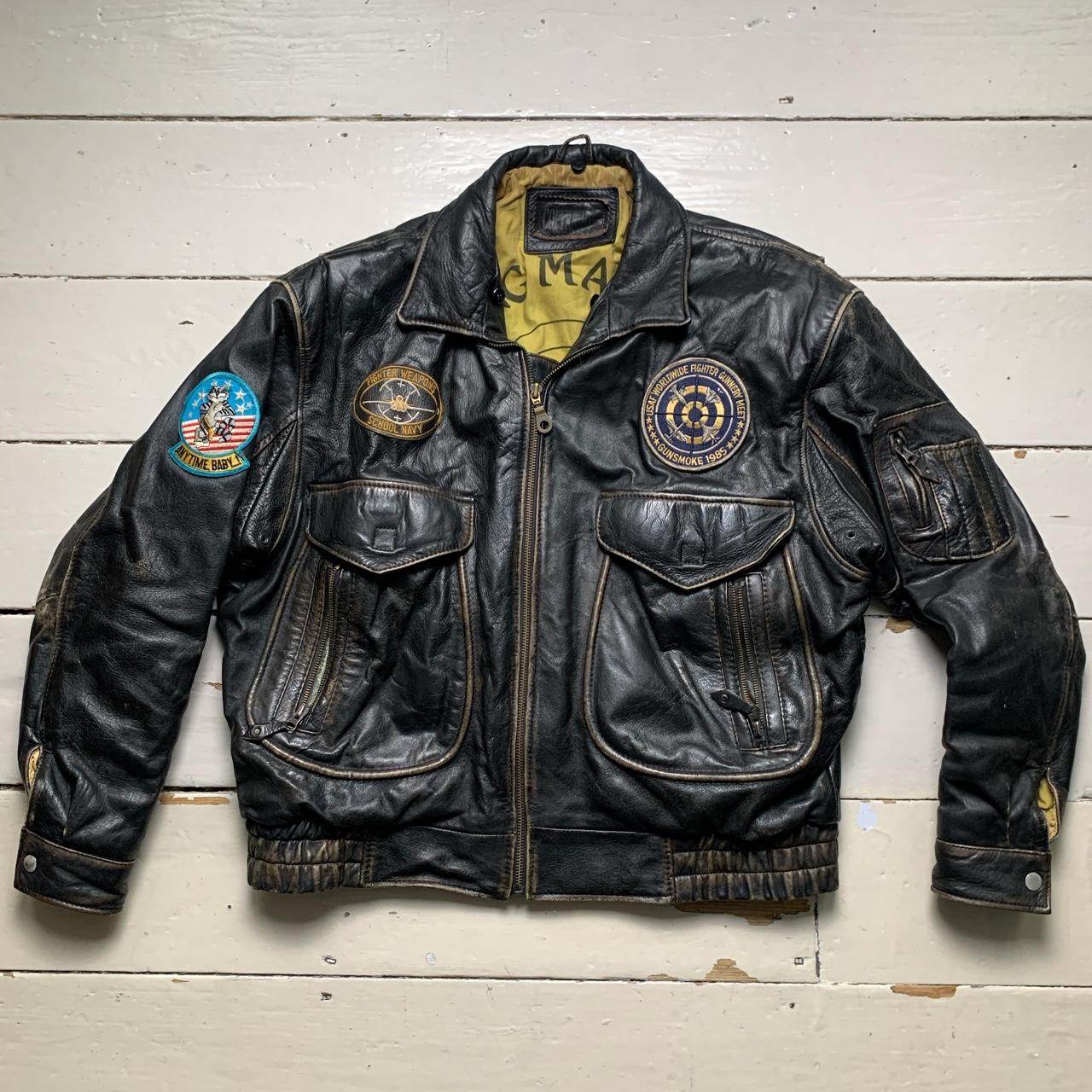 Vintage Leather Fighter Plane Pilot Brown Jacket 🐻... - Depop