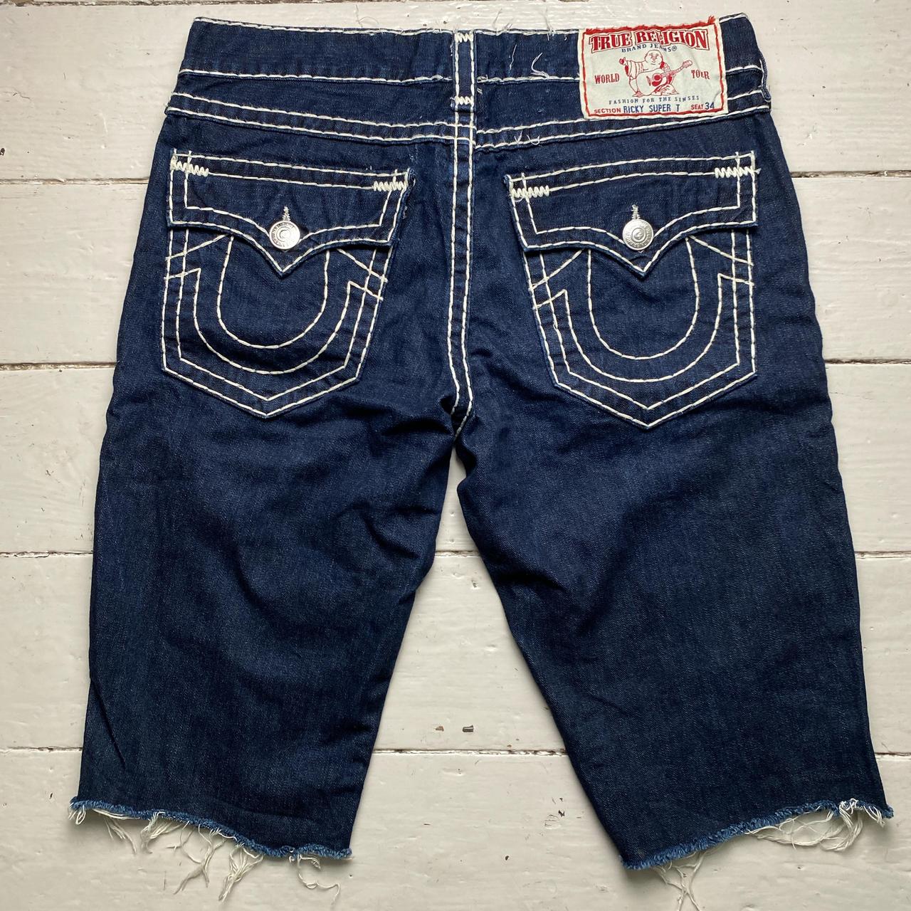 True Religion Ricky Super T Big Stitch Navy and... - Depop