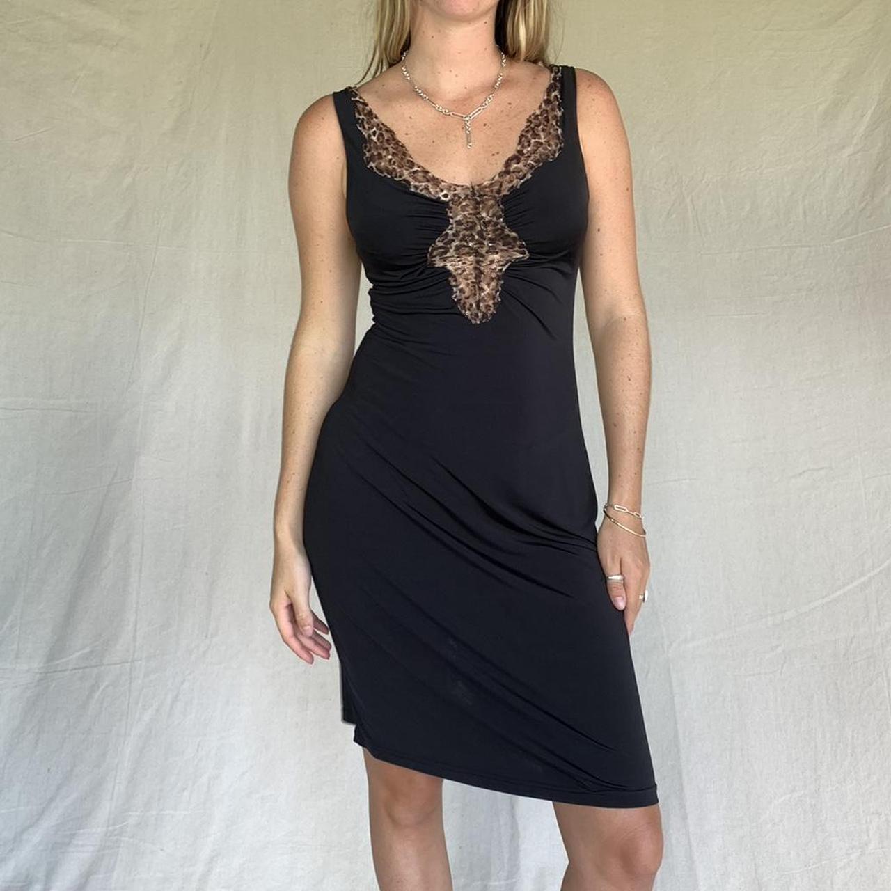 Y2K vintage black slip dress with leopard print lace... - Depop