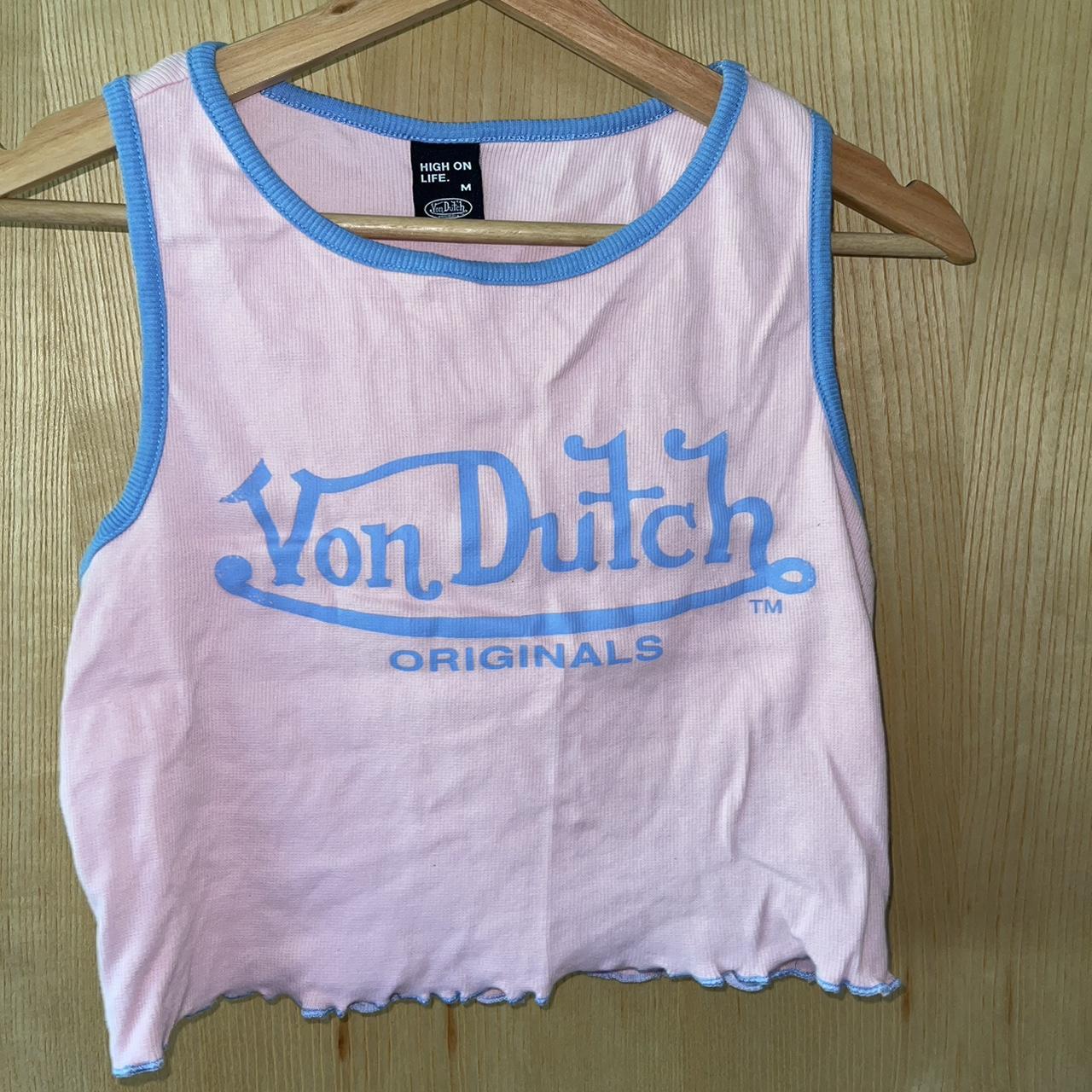 Von Dutch Women's Pink and Blue Crop-top | Depop