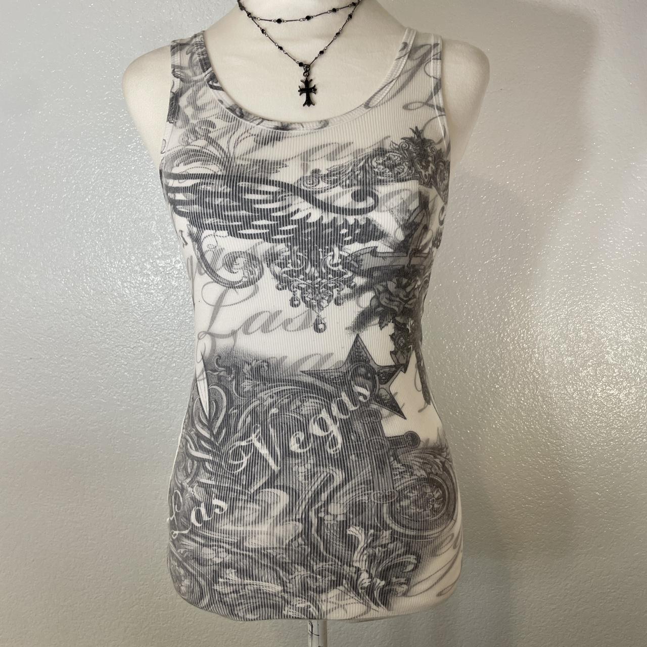 y2k all over tattoo print ribbed white tank... - Depop