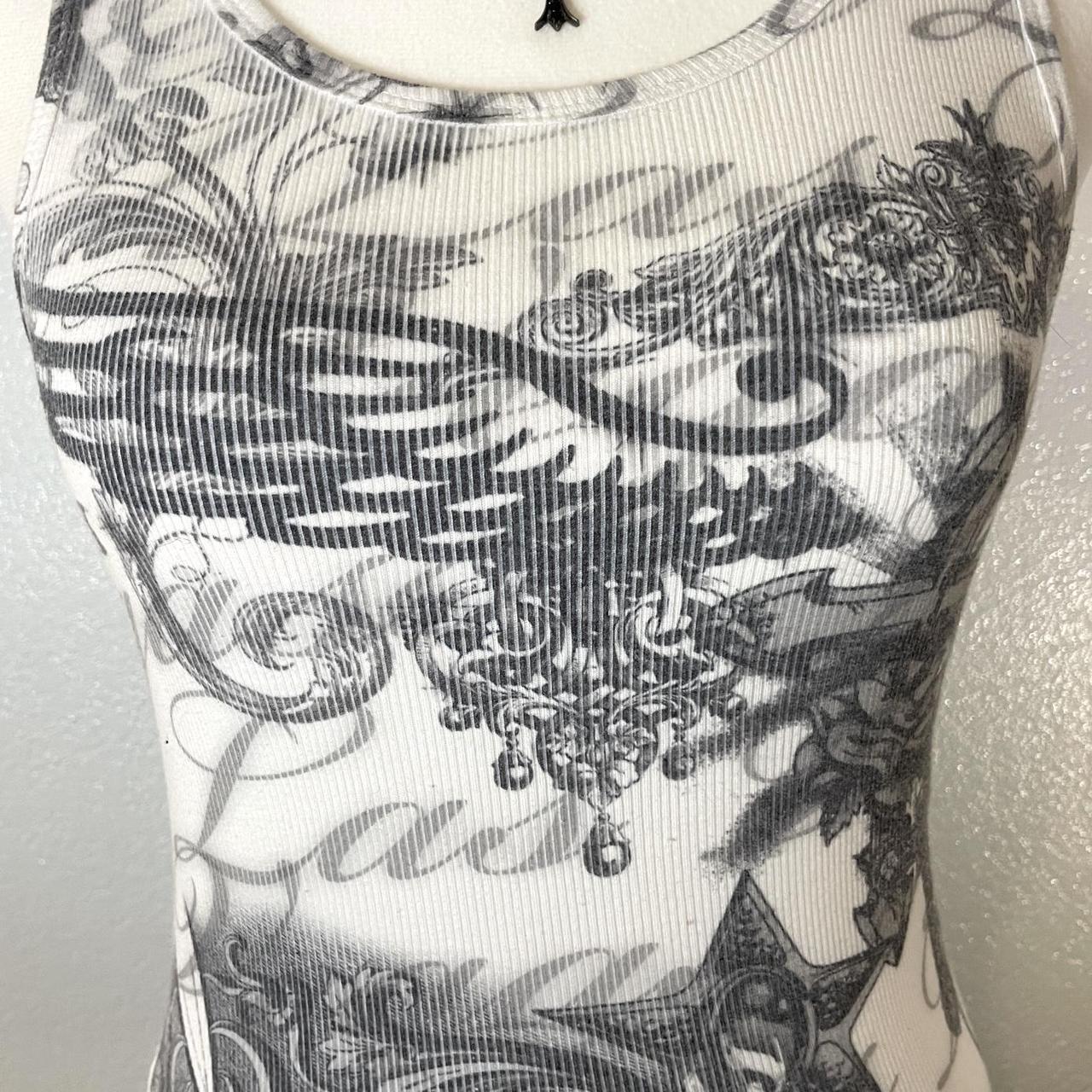 y2k all over tattoo print ribbed white tank... - Depop