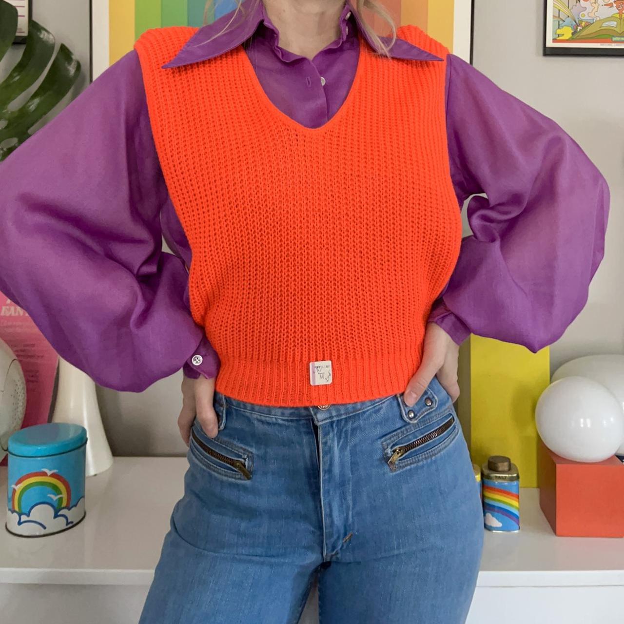 Deadstock vintage 70s 80s neon orange sweater vest... - Depop