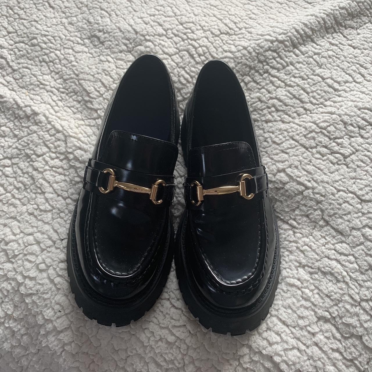 Black chunky loafers with gold hardware chain size 5... - Depop