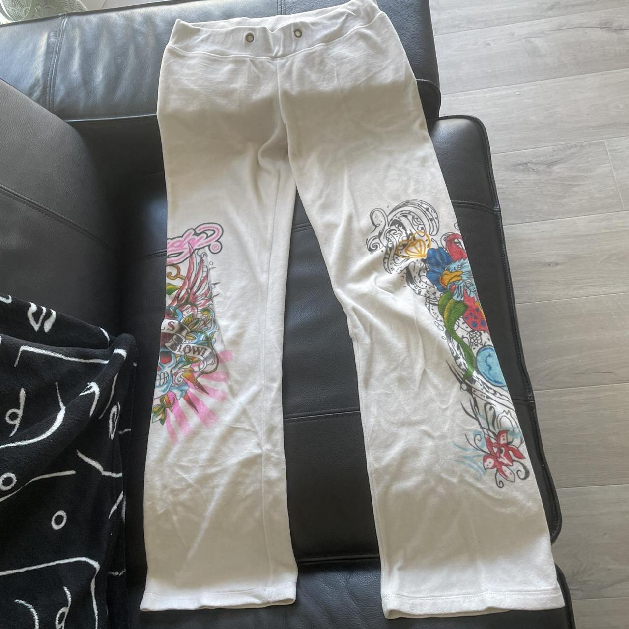 Ed Hardy Cream Velour Flares S Cream With Hot Pink Depop