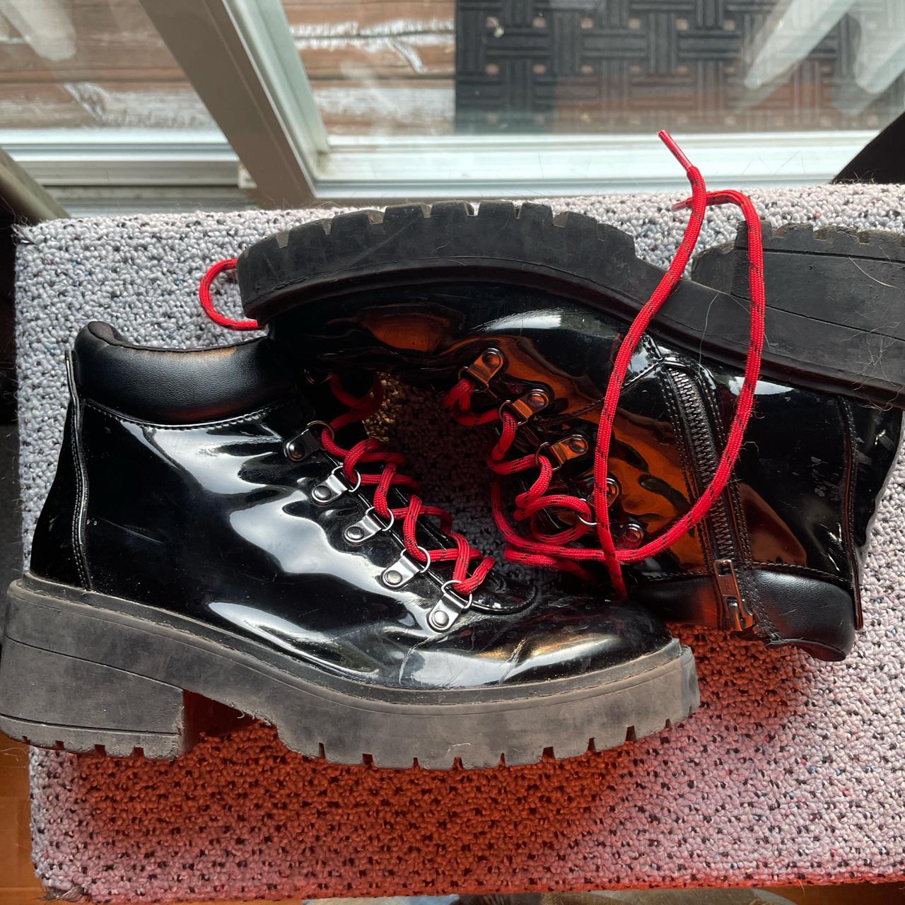 Shiny Black Sketchers Boots with Red Laces And Side. Depop