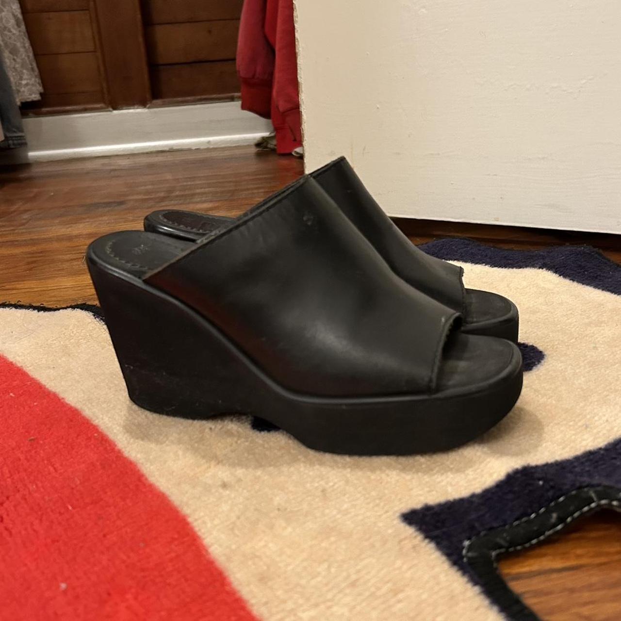 vintage bongo black leather platform wedge open toe... - Depop