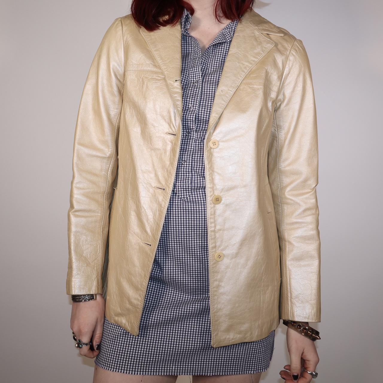 beige mid length leather blazer 90s 2000s era Depop