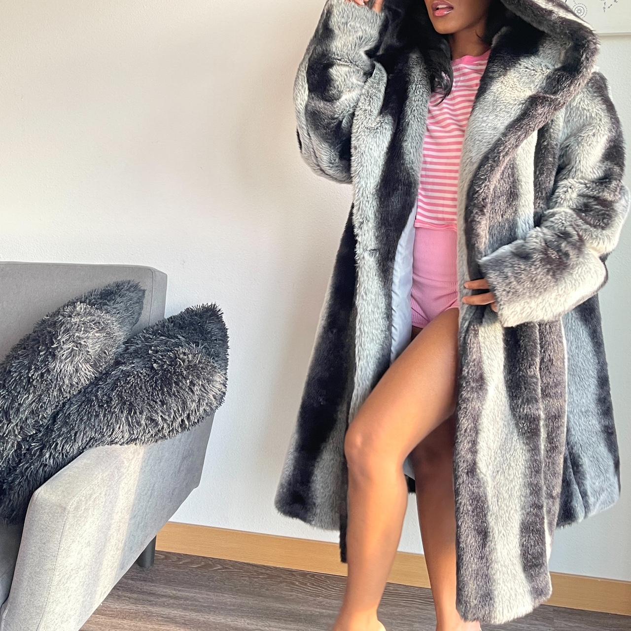 Blanc Noir Outerwear Stripped Grey Black Faux Fur Depop