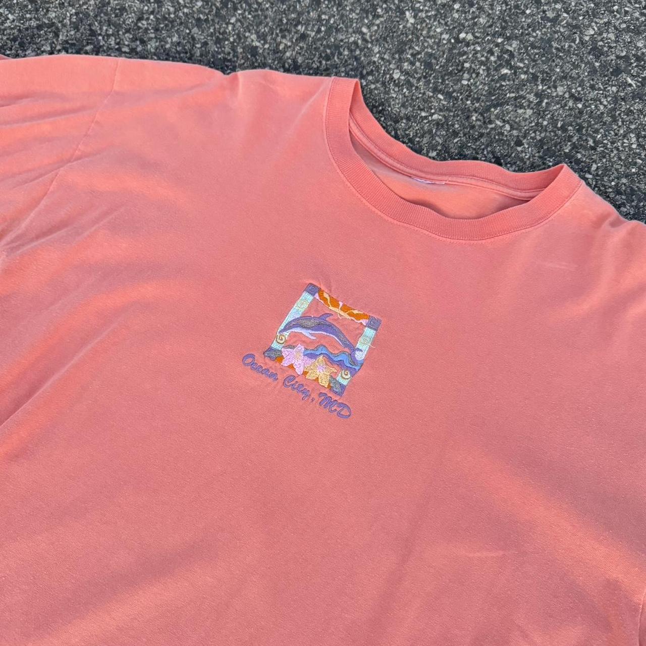 Vintage Coral/Peach Dolphin Embroidered Tee - Size:... - Depop