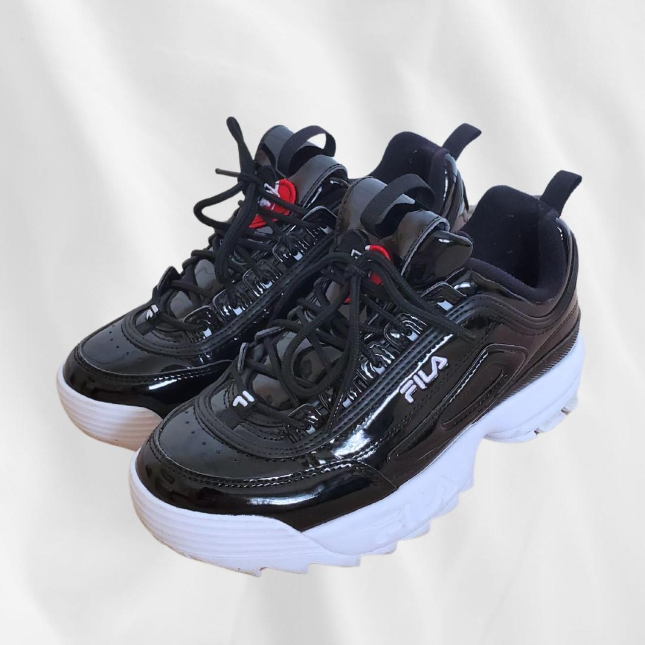 Fila disruptor trainers in patent black hotsell