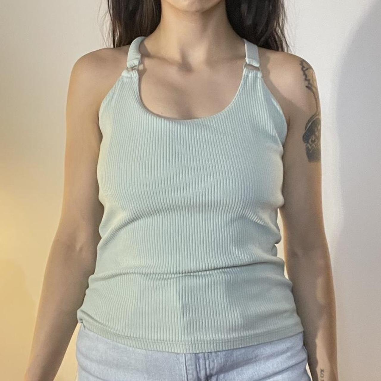 Mint green ribbed flexible cotton blend tank top... Depop
