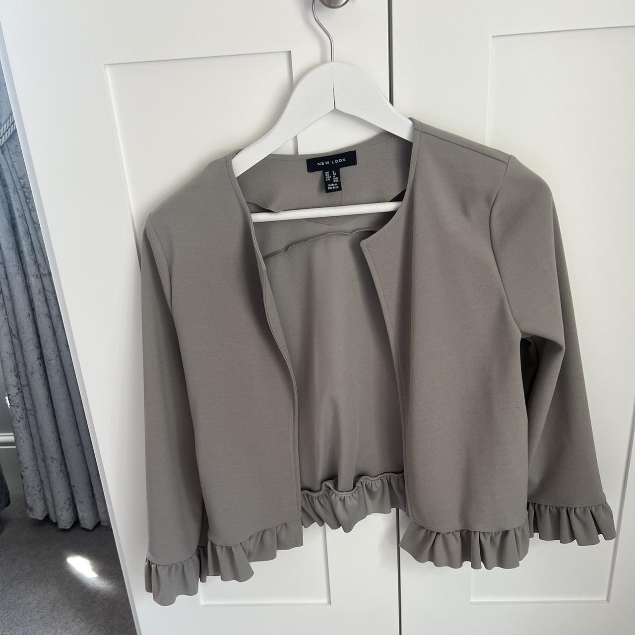 New look ruffle frill hem jacket in grey worn a