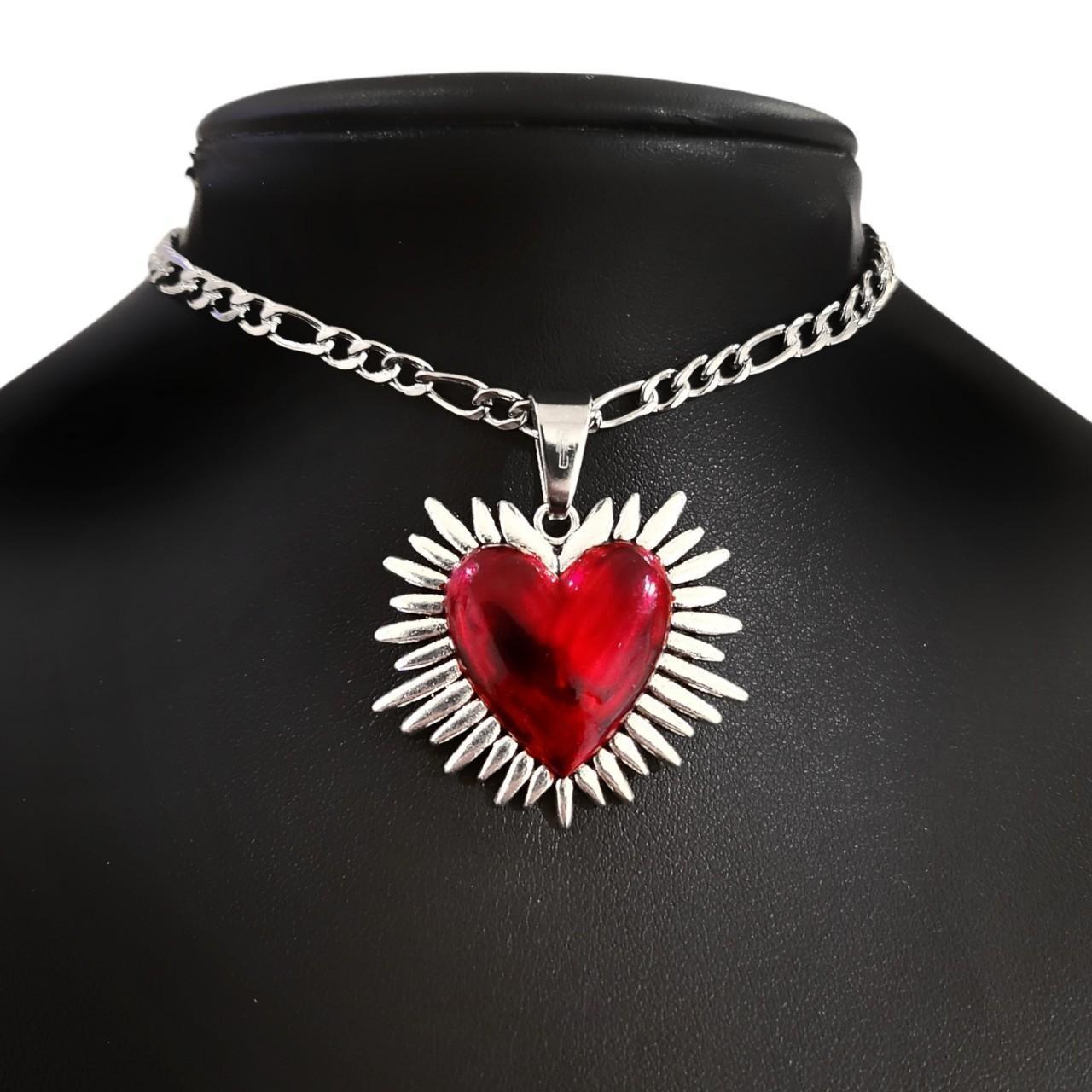 Red Sacred Heart Choker 006 Silver & Red Ornate... - Depop