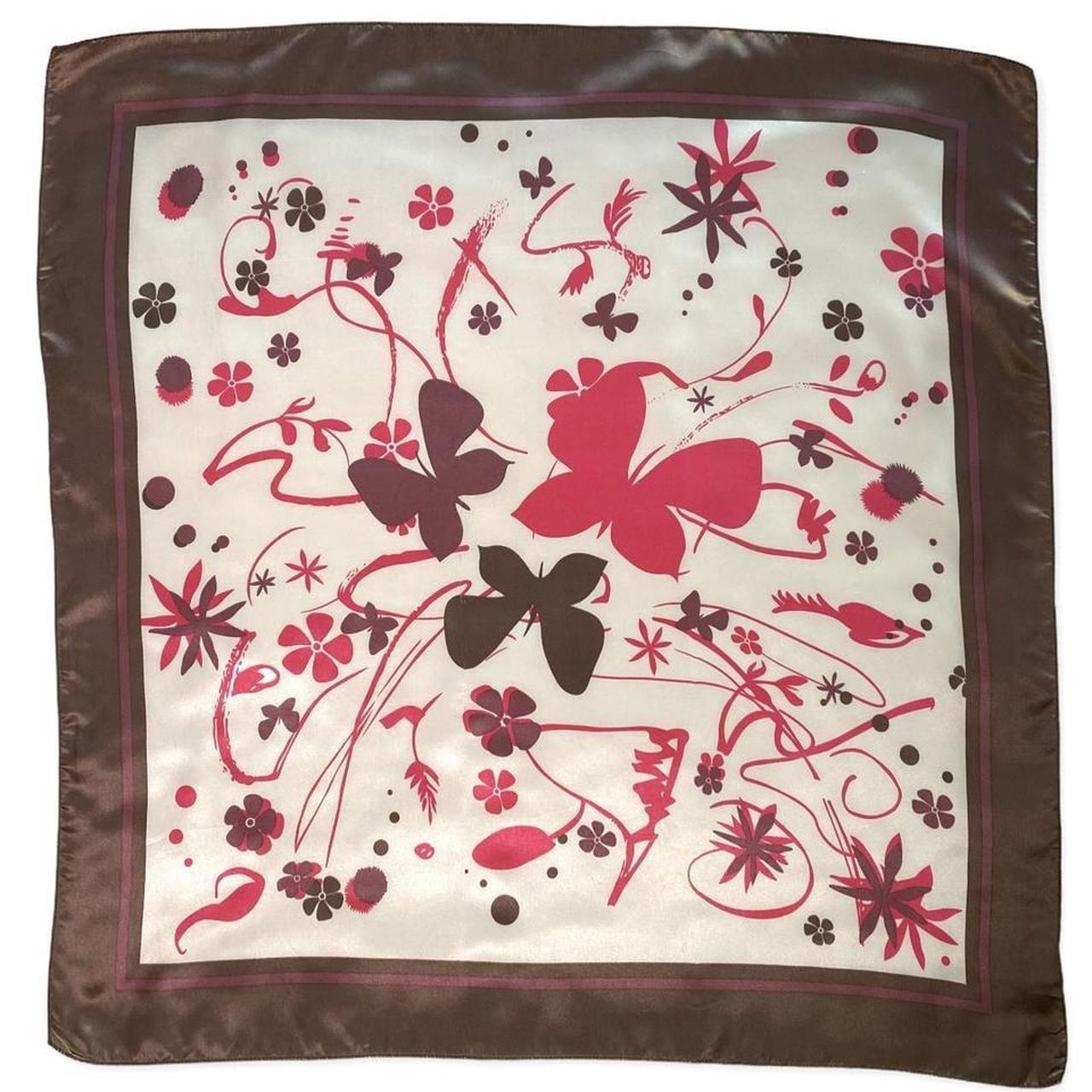 Brown and pink butterfly print satin vintage scarf... Depop