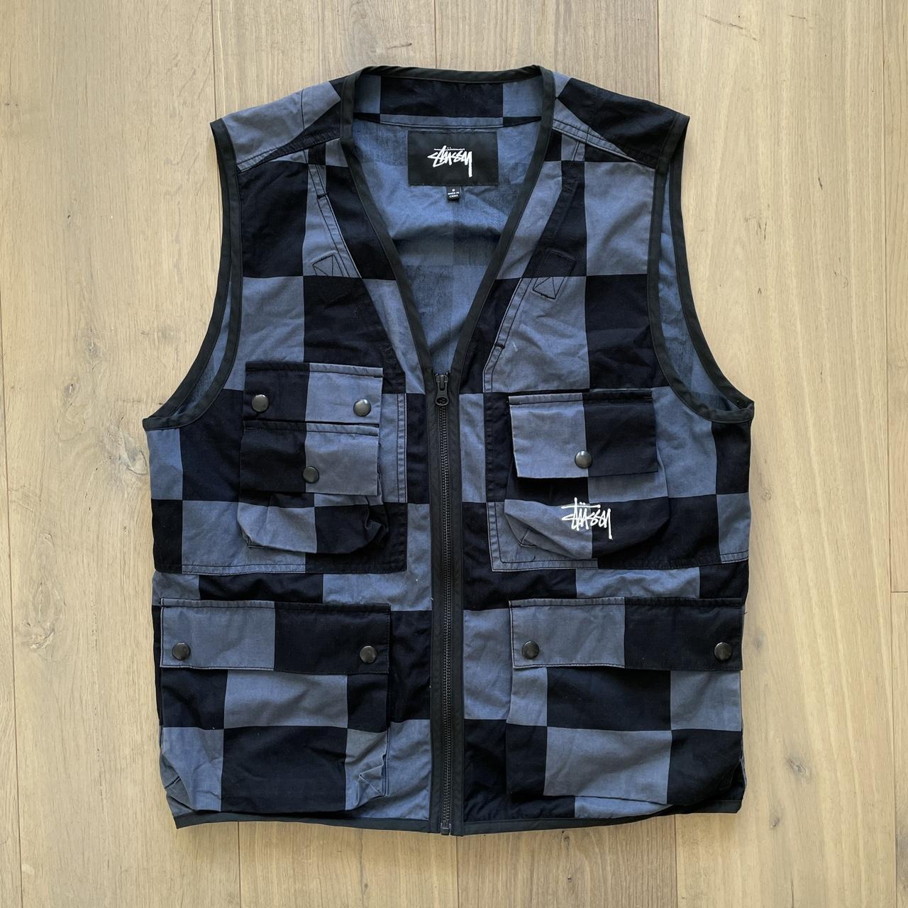 Blue / black Stüssy utility vest, Checkered chess...