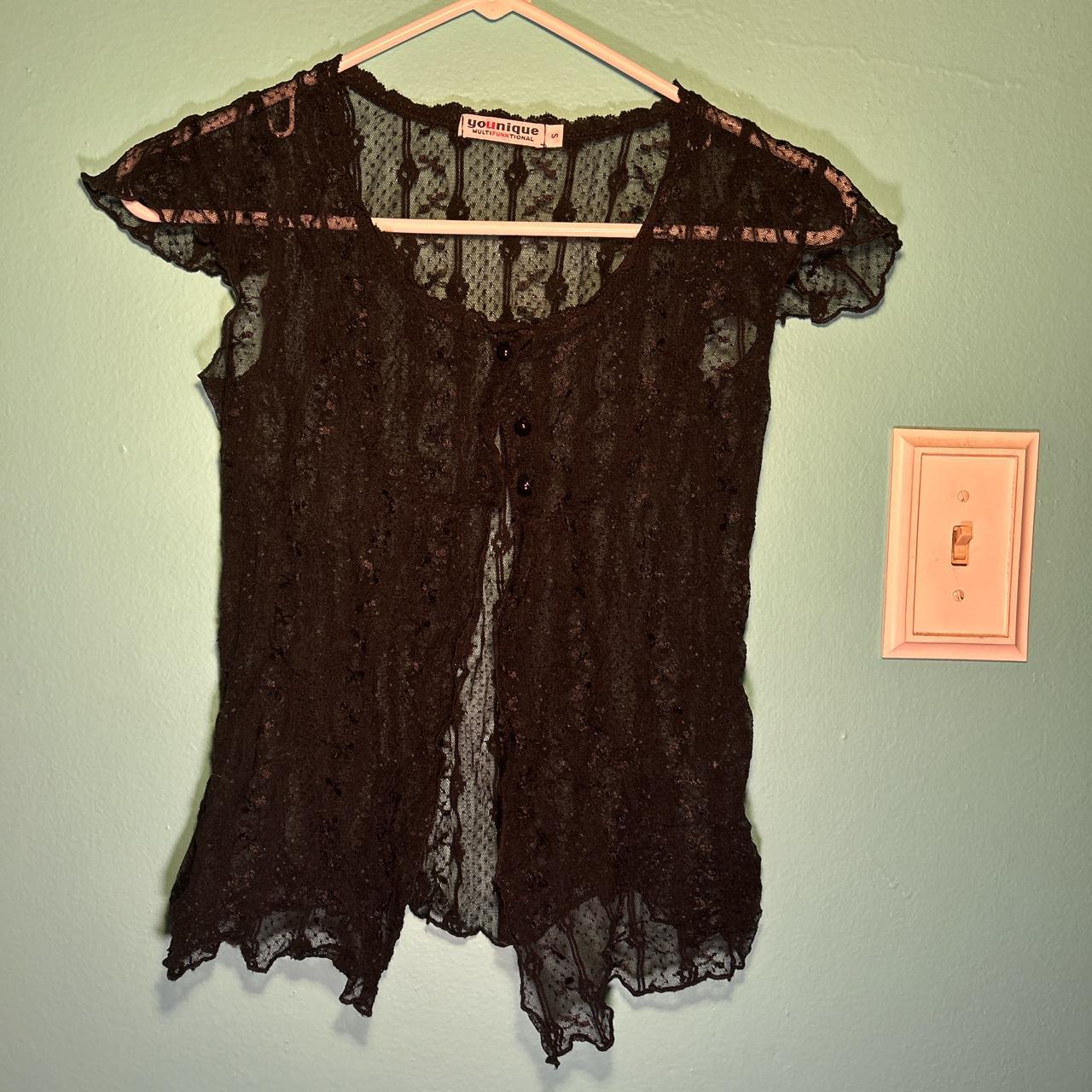 Cute Black Short Sleeve Lace Button Up Shirt - Depop