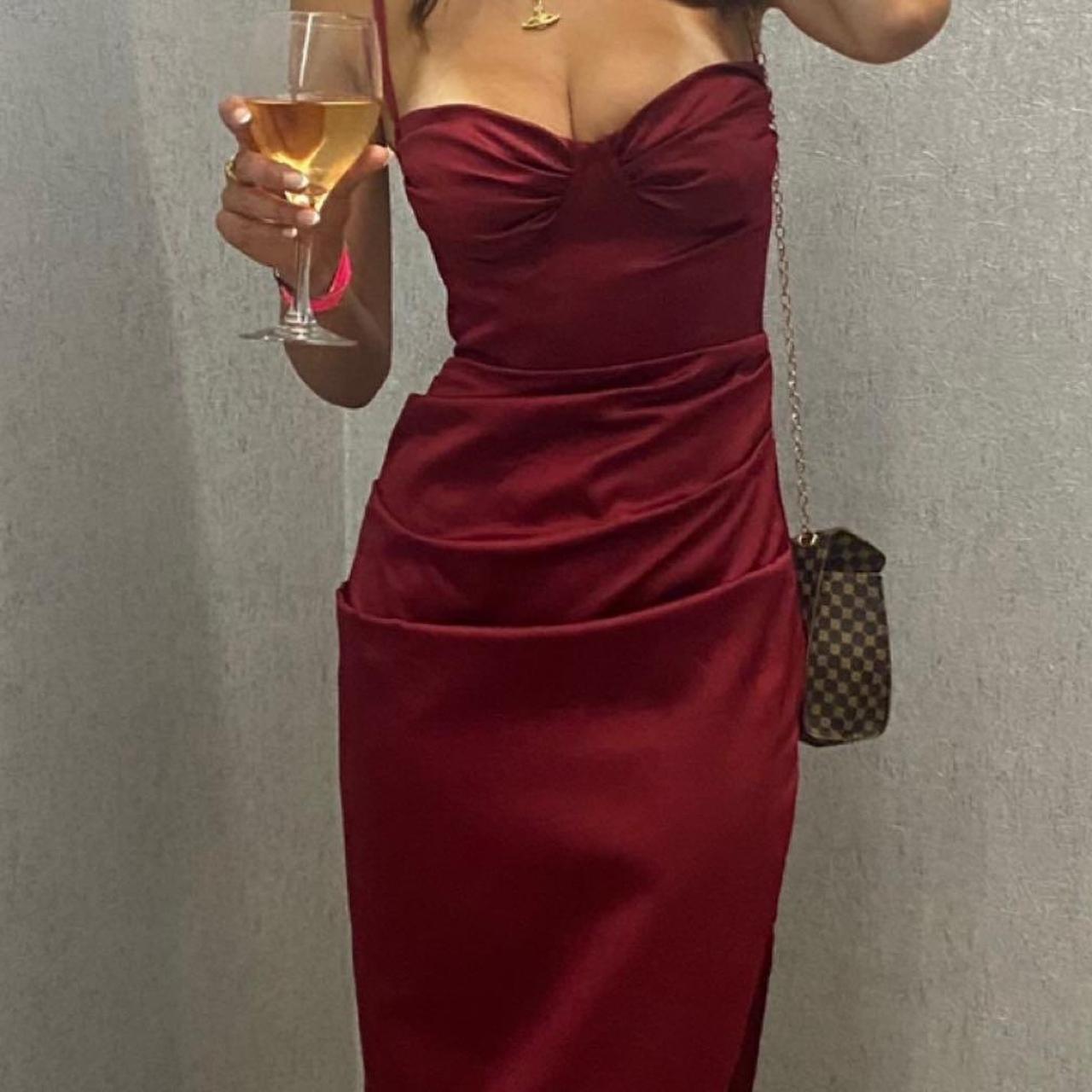 House of cb ‘flora’ dress. Wine satin pleated corset... Depop