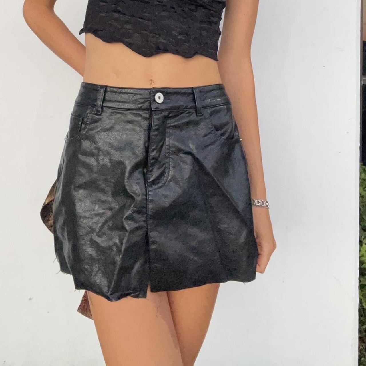 90s style black leather mini skirt open to. Depop