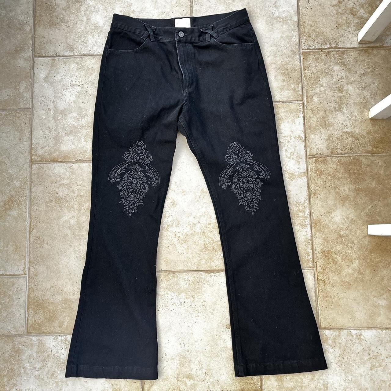 Sangiev Black Embroidered Knee Flared Jeans Size 36... - Depop