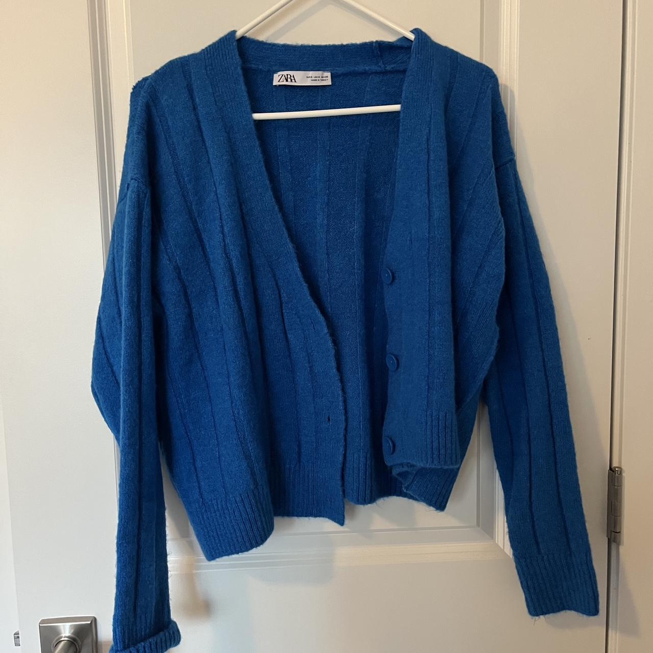 Zara Royal Blue Ribbed Knit Cardigan Size Small Depop