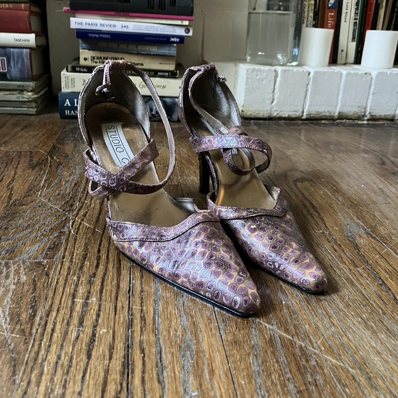 Studio C purple snake print kitten heels Buckle is... - Depop