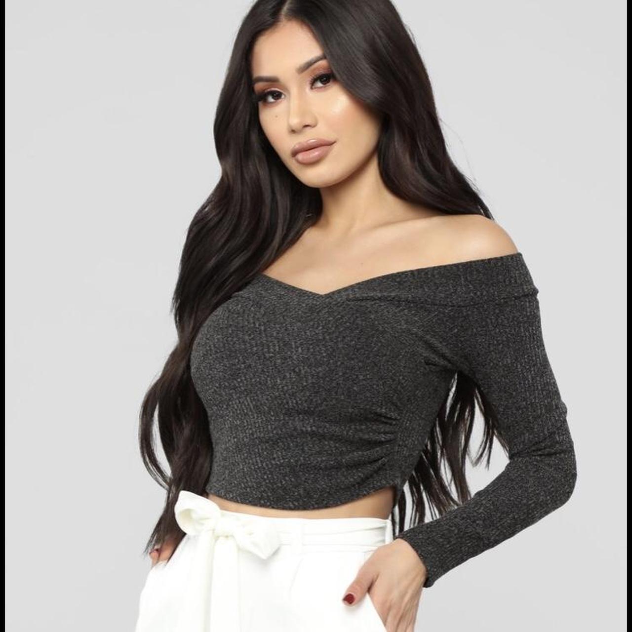 Fashion Nova off the shoulder, dark grey/black top,... Depop