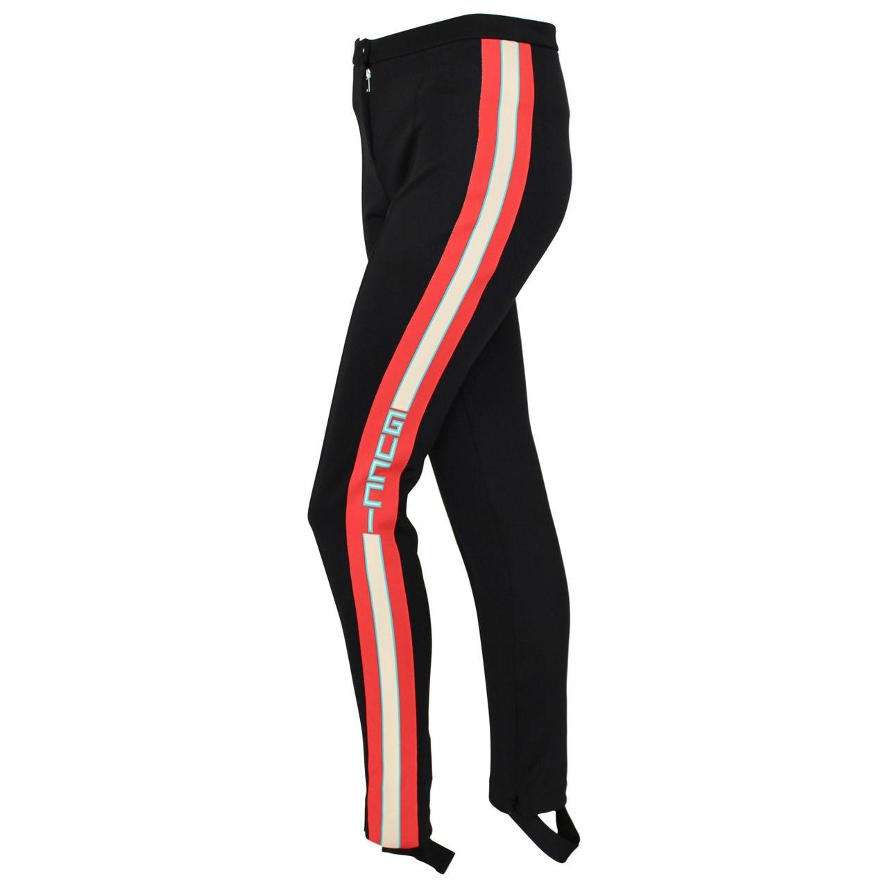 Gucci Black Knit Jersey Stirrup Leggings with Red White Stripe - S
