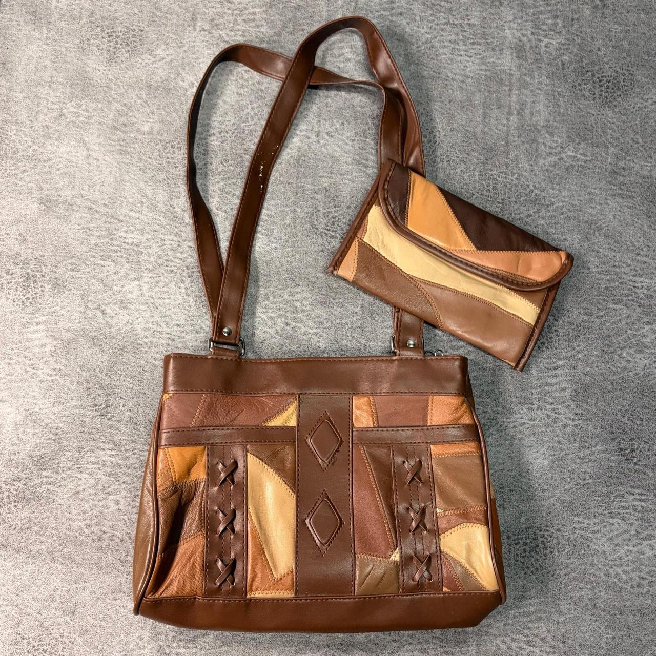 Women's Bag - Brown – Brown Patchwork Panel Shoul… - image 1