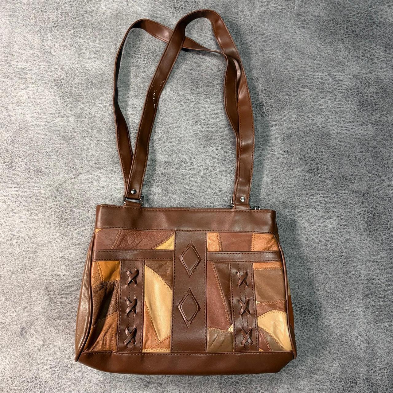Women's Bag - Brown – Brown Patchwork Panel Shoul… - image 2