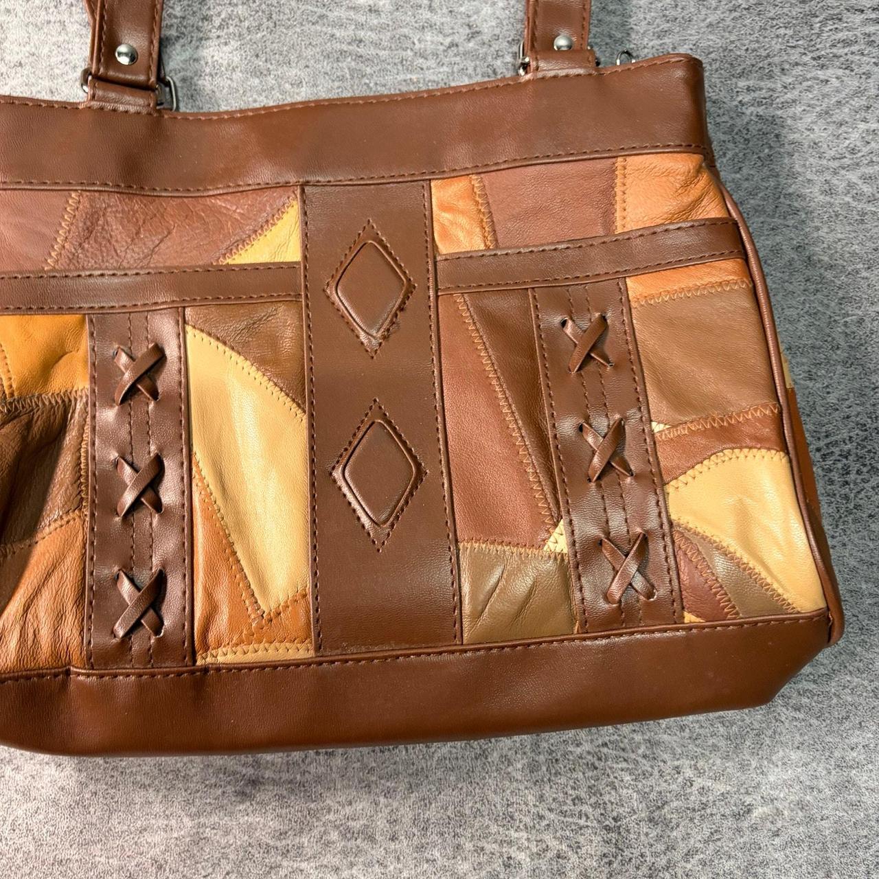 Women's Bag - Brown – Brown Patchwork Panel Shoul… - image 3