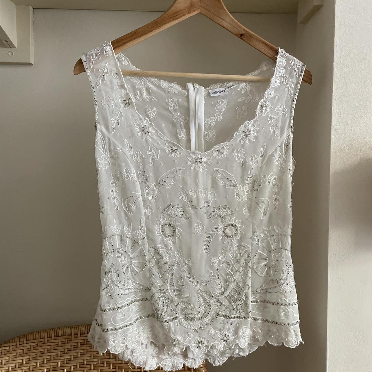 Vintage y2k white sheer top embellished with beading... - Depop