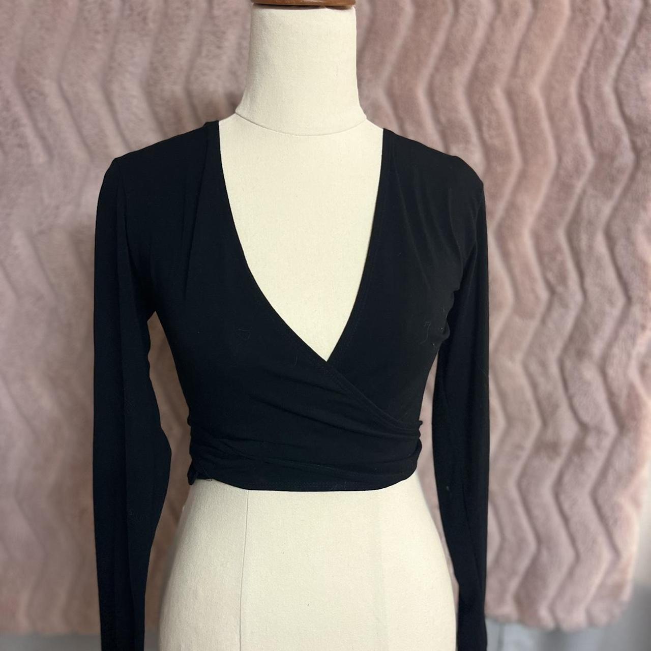 2000s sexy black wrap style long sleeve midriff tee.... - Depop