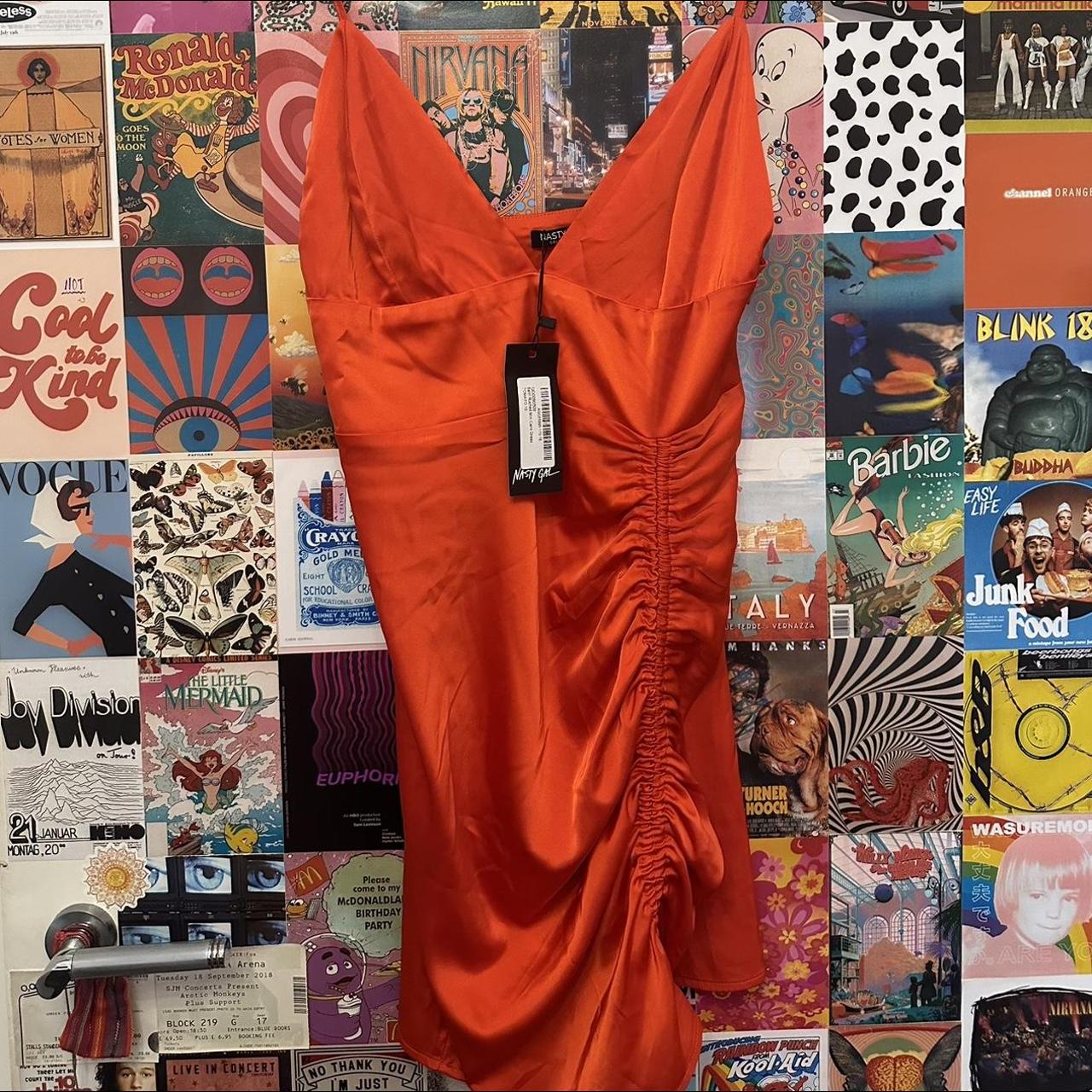 NASTY GAL TOMATO SATIN RUCHED MINI CAMI DRESS... Depop