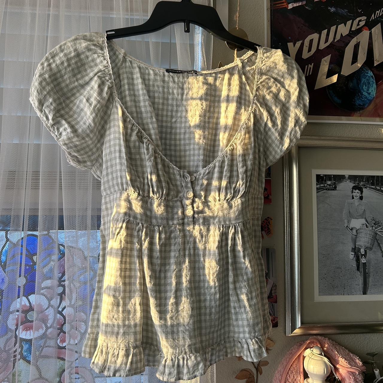 BRANDY MELVILLE GREEN GINGHAM BLOUSE Depop