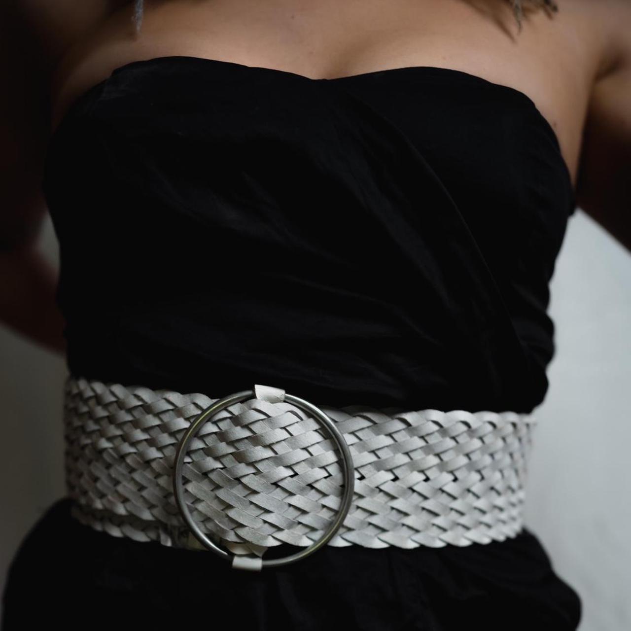 white woven wicker belt with silver circular... - Depop