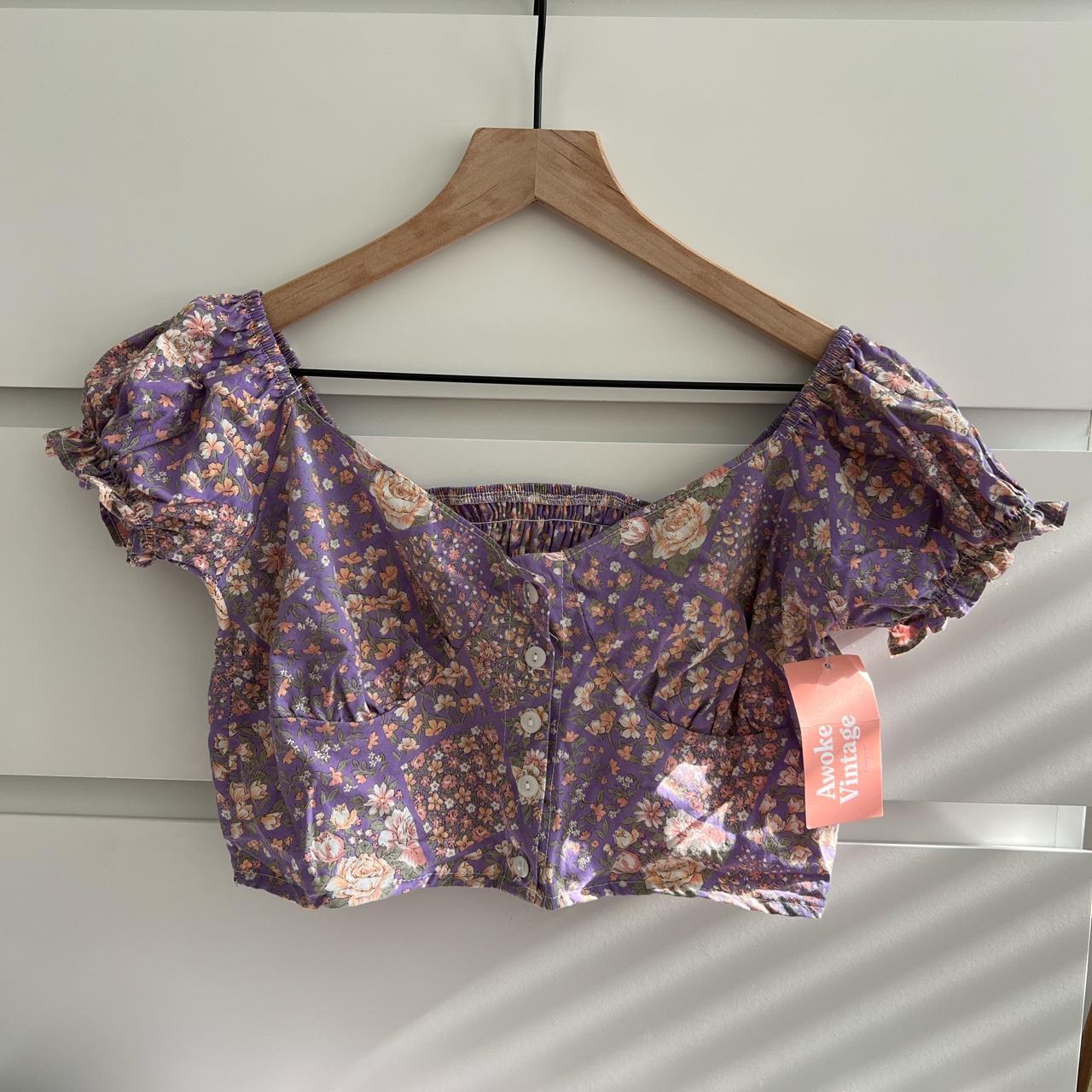 Vintage puff sleeve purple flower crop top. Can be...