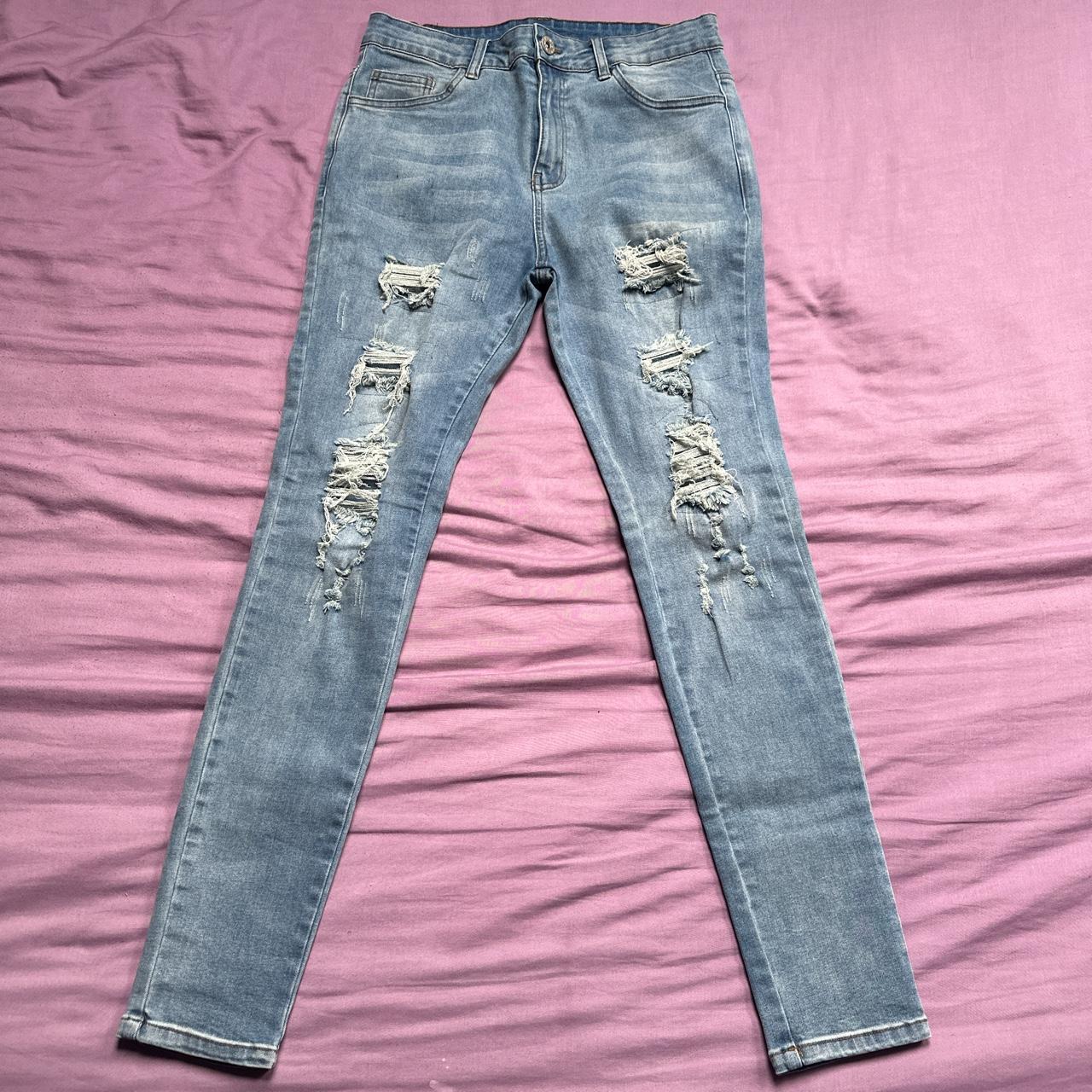 NVLTY Ripped & Repaired Jeans Light Blue - Depop