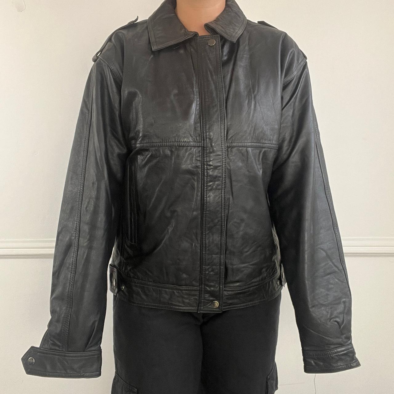 Black leather jacket amazing 00s/y2k black vintage... - Depop