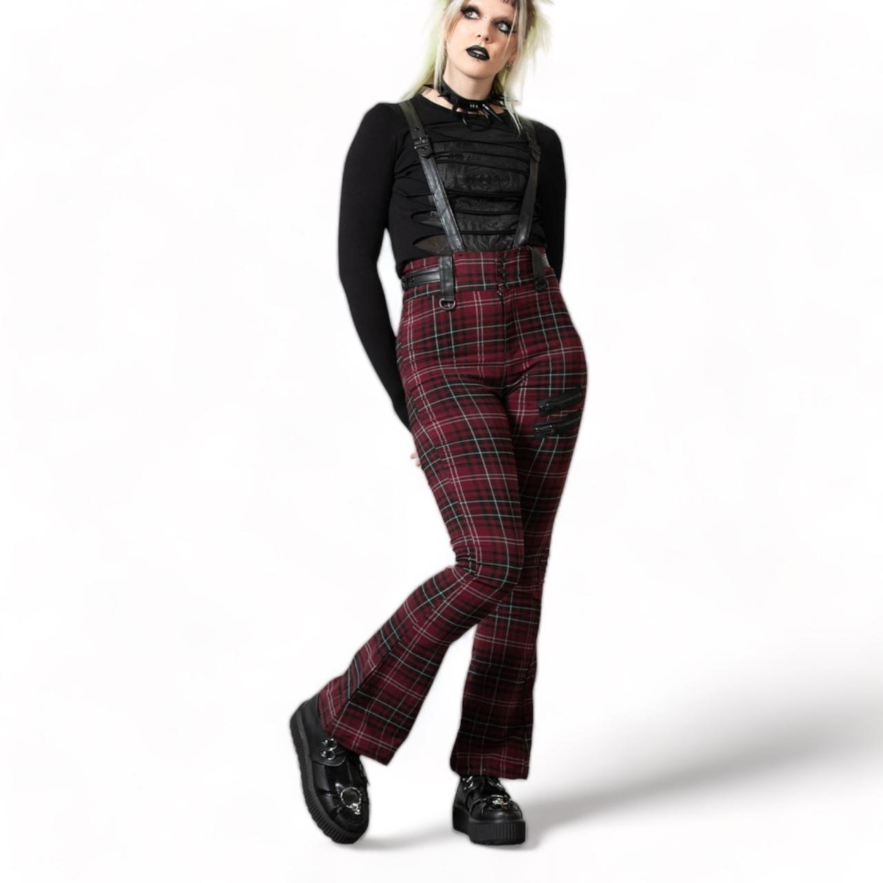 Killstar Red Plaid Flare Suspender Pants Red And Depop